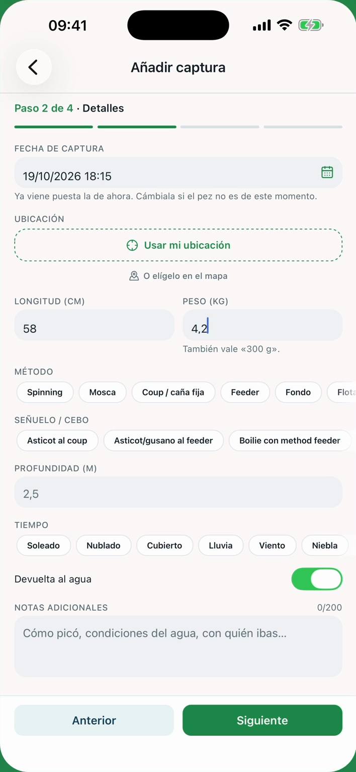 Añadir captura, paso 2 de 4: fecha, ubicación, longitud, peso, método, cebo y si se devolvió al agua