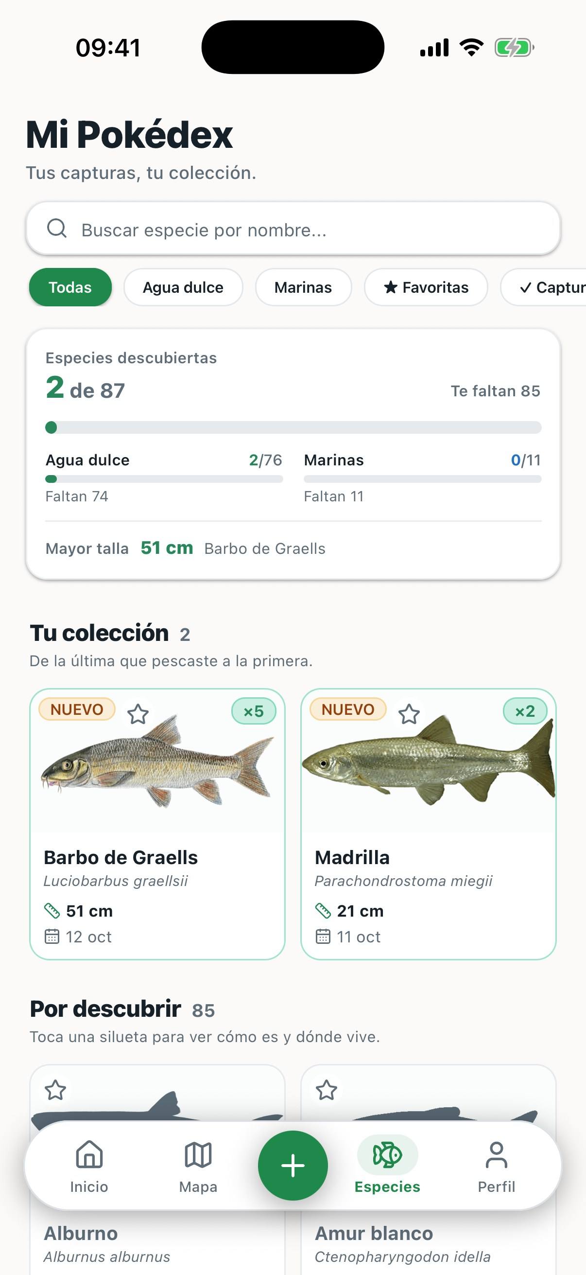 Tu colección en Sedal: especies descubiertas, filtros de agua dulce y marinas y las fichas de barbo de Graells y madrilla