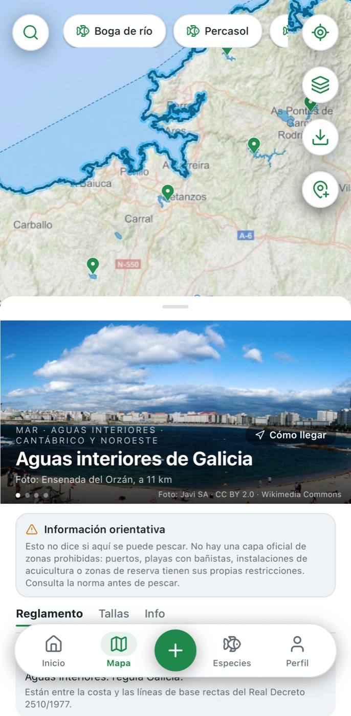 Ficha del mar en Sedal: aguas interiores de Galicia, con aviso de información orientativa y pestañas de reglamento y tallas