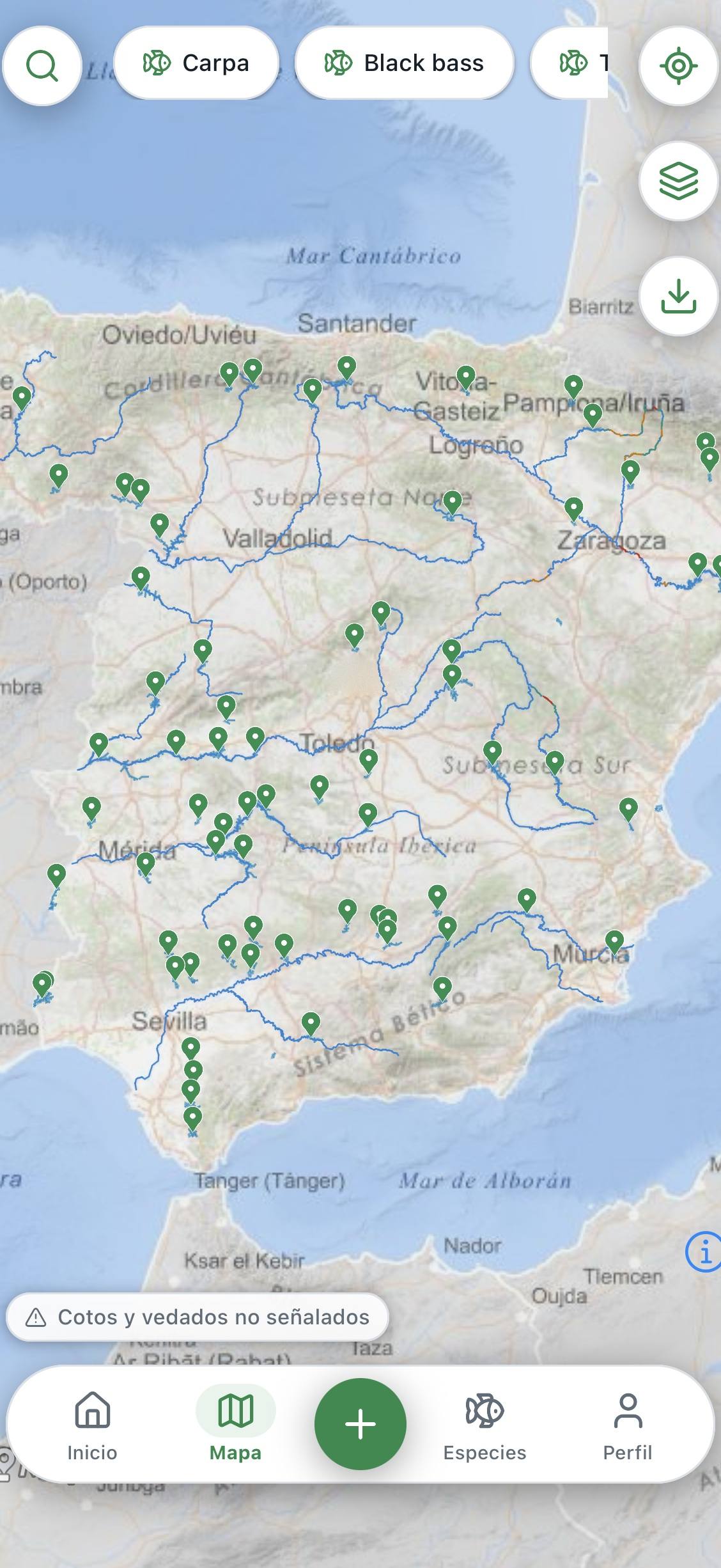 Mapa de Sedal con ríos y embalses marcados y los filtros por especie arriba