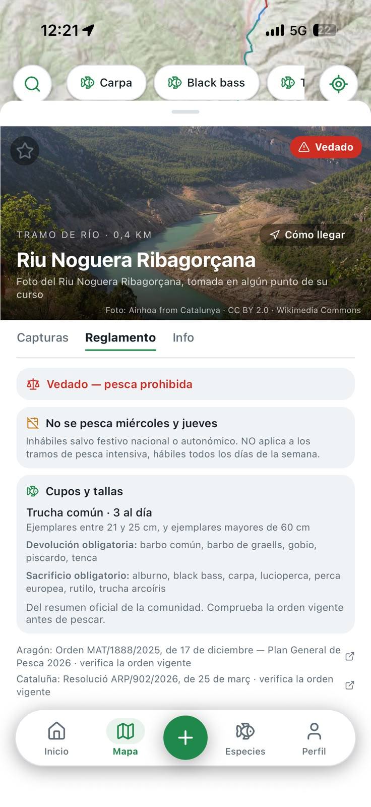 Pestaña de reglamento de un tramo vedado: días hábiles, cupos y tallas, con el enlace a la orden oficial
